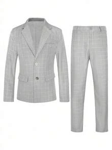 Setelan Jas Pria 2 Potong Motif Kotak-kotak Kancing Tunggal, Blazer dan Celana, Cocok untuk Musim Semi, Musim Panas, Musim Gugur, Kasual, Bisnis, dan Perjalanan. - Grey - View 5