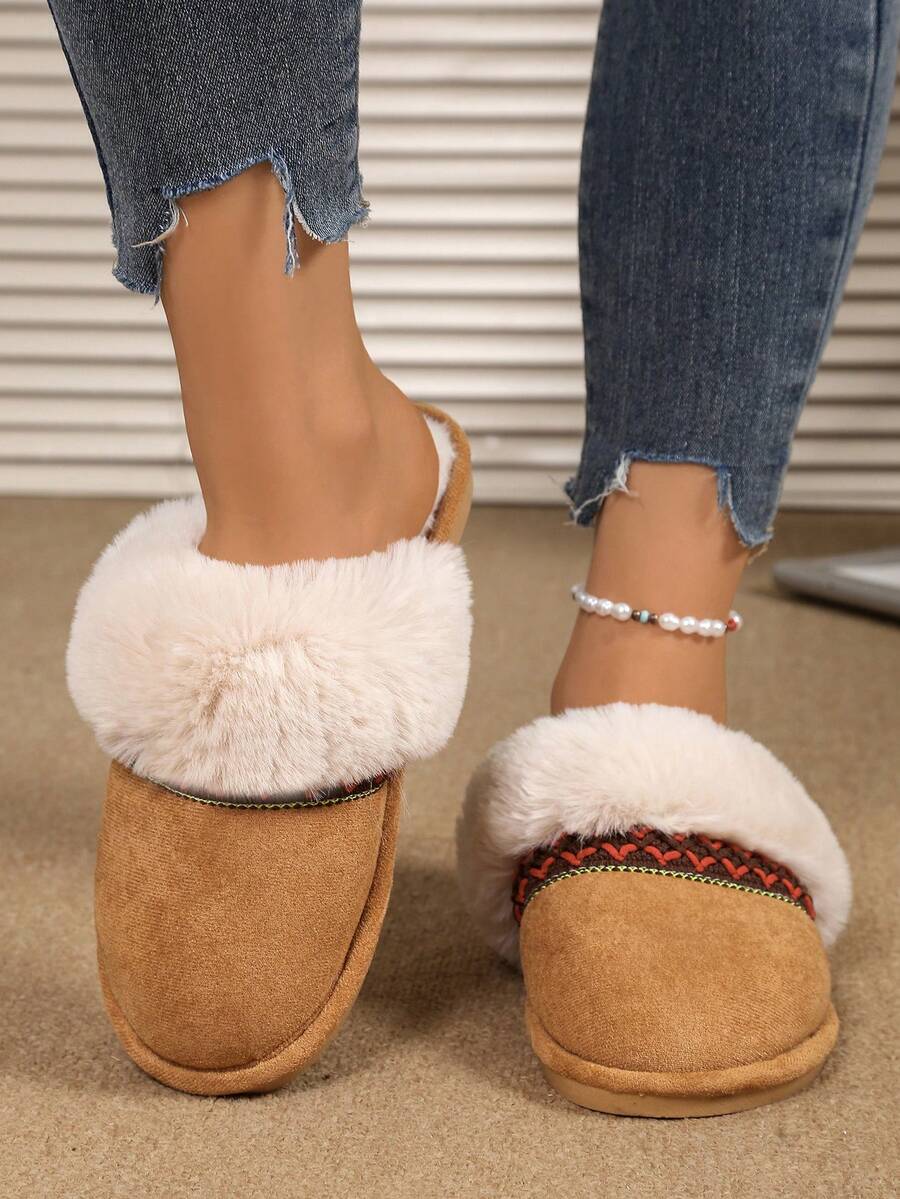 Women's Flat Indoor Home Slippers, Comfortable Home Shoes With Fur Lining - Camel - View 1