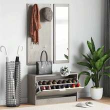 vidaXL Garderoben Set Flur 3-In-1 Betongrau Schuhschrank Spiegel Garderobenpaneel - Concrete Dust - View 2