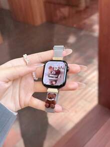New High-Density Stainless Steel Milanese Metal Band, Compatible With Apple Series 11/10/9/8/7/6/5/4/3/2/1, SE, Ultra, Cute Magnetic Bear Decoration, 38mm/40mm/41mm/42mm/44mm/45mm/49mm, Waterproof, Breathable, Durable, Perfect Replacement Band Gift For Women, High Aesthetic Value, Practical, Watch Accessory - Silver - View 3