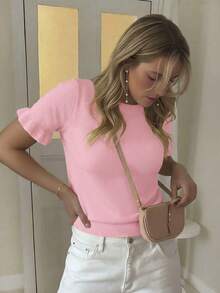 Women's Casual Solid Color Round Neck Frill Trim Ruched Short Sleeve Loose Wool Blend T-Shirt Top, Spring/Autumn Summer - Watermelon Pink - View 5