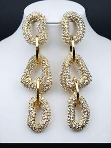 1 Pair European & American Fashion Exaggerated Linked Geometric Rhinestone Earrings For Women, Punk Hip-Hop Style, Suitable For Events And Festivals - Exaggerated Geometric Earrings - View 3
