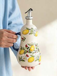1pc Vintage Lemon Pattern Ceramic Oil Bottle, Hand-Painted Lemon Leaf Seasoning Bottle, Suitable For Olive Oil Bottle, Soy Sauce Bottle Or Oil Dispenser; Suitable For Hotel And Restaurant; Leak-Proof And Drip-Proof; Exquisite Gift - View 2