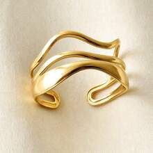 304 Stainless Steel Minimalist Ins Style Adjustable Wave Pattern Ring, Unisex Simple Metal Rings For DIY Jewelry Making, Available In 18k Gold, Silver, Rainbow Plating - Gold - View 5