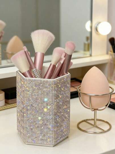 1pc Shiny Rhinestone Makeup Brush Holder, Hexagonal Crystal Cosmetic Storage Cup, Vanity Desk Organizer Box