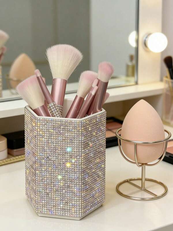 1 pieza Soporte para brochas de maquillaje con strass brillante, taza de almacenamiento de cosméticos de cristal hexagonal, caja organizadora de tocador