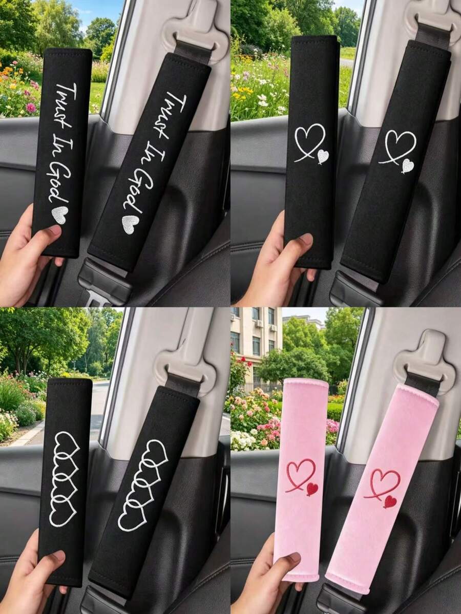 2Pcs Heart Pattern Car Seat Belt Covers, Soft Seatbelt Shoulder Strap Pads, Anti-Strangulation Car Interior Accessories For Women - Embroidered Shoulder Pads - View 1