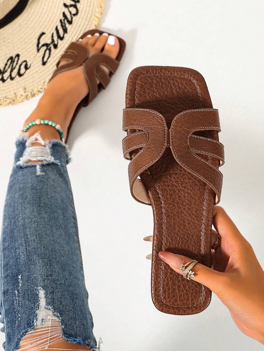 Ximi Ruo Women's Spring/Summer New Fashion Casual Style Slide Sandals, Comfortable Flat Heel Beach Shoes, Low Heel Round Toe Minimalist Versatile Decorative Flat Slides For Outdoor Wear - Brown - View 1