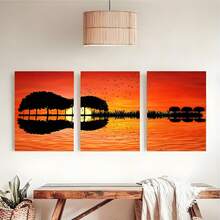 3 Panel Guitar Tree Lake Sunset Posters Wall Arts Posters Home Decor Posters Paintings Modern Living Room Bedroom Decoration Optional Framework - Multicolor - View 7
