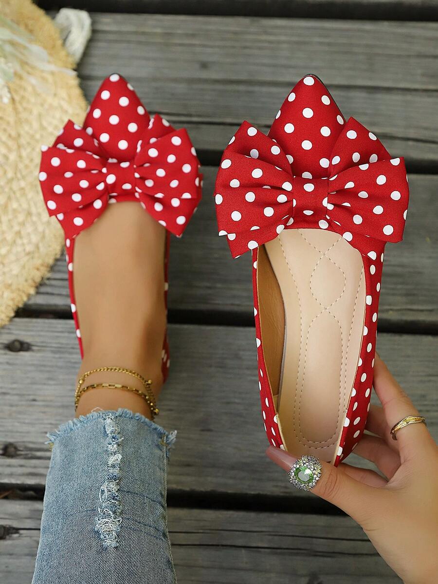 Women's Fashion Polka Dot Bow Flat Shoes, Elegant Women's Shoes, Casual Holiday Party Gift Daily Versatile Women's Shoes - Red - View 1