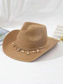 1pc Women's Fashion Straw Hat, Outdoor Beach Sun Hat, Wide Brim Spring/Summer British Style Cowboy Hat, Starfish Decor Sun Beach Hat, Foldable Panama Hat, Suitable For Daily Use Outdoor Gift - A - View 3