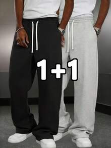 2pcs Men's Loose Wide Leg Sweatpants, Solid Color Versatile Drawstring Straight Leg Casual Sports Pants, Daily Commute Versatile Style - Multicolor - View 4