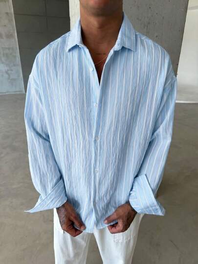 Men's Light Blue & White Striped Long Sleeve Casual Shirt, Relaxed Fit, Minimalist Versatile Design, Suitable For Multi-Season Everyday Wear, Comfortable & Breathable