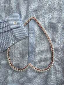 新款女款條紋愛心刺繡珍珠露背襯衫 | 春夏休閒寬鬆上衣，適合通勤、居家與日常穿著 - 淺藍色 - 查看 7