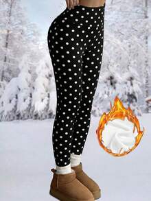 Leggings d'hiver à pois doublés de thermique chauds pour femmes, bas pour femmes, leggings pour femmes, vacances - Noir et Blanc - Voir 1