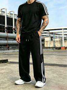 American Style Striped Loose Crew Neck Top And Straight Leg Cargo Pants Set For Men, Spring/Summer Outdoor Training Jogging Versatile - Black - View 2