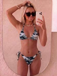Summer Women's Sexy Vintage Colorblock Camouflage Print Swimsuit Set, Suitable For Beach Vacation, Adjustable Drawstring Design - Light Gray Camouflage - View 5