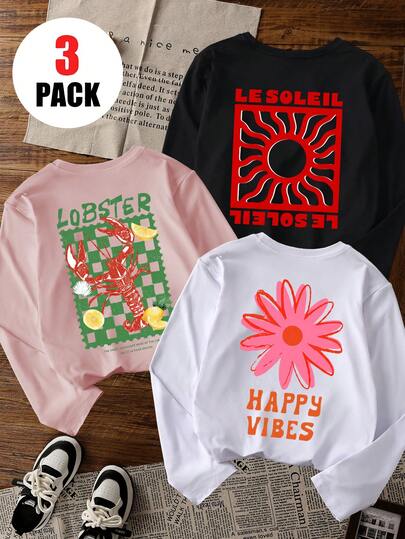 Set da 3 pezzi per ragazze pre-adolescenti, top a maniche lunghe con stampa sul retro a motivi multipli di aragosta, sole e margherita, top casual ampio con combinazione di colori retrò divertente, versatile per uso quotidiano, casa, uscite, strato interno e capospalla, maglietta a maniche lunghe stile streetwear energico e popolare per bambini