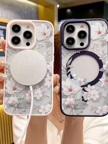 磁吸花朵 Apple 17/16/15/14/13/12 Pro Max 手機殼 磁吸充電保護殼 透明極簡高級防摔 - 粉殼-玉蘭花 - 查看 6