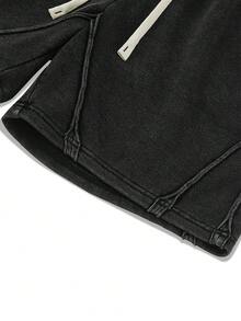 Men's Washed Black Snow-Wash Fabric Drawstring Waist Fashion Casual Shorts, Minimalist Print, Suitable For Daily Wear - Black - View 5