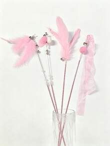 4pcs Feather Decor Cat Teaser Wand With Bells, Interactive Cat Toy, Durable Bite-Resistant Feather Teaser Wand With Bells, Long Handle Fighting Teaser Wand, Self-Entertainment - Multicolor - View 7