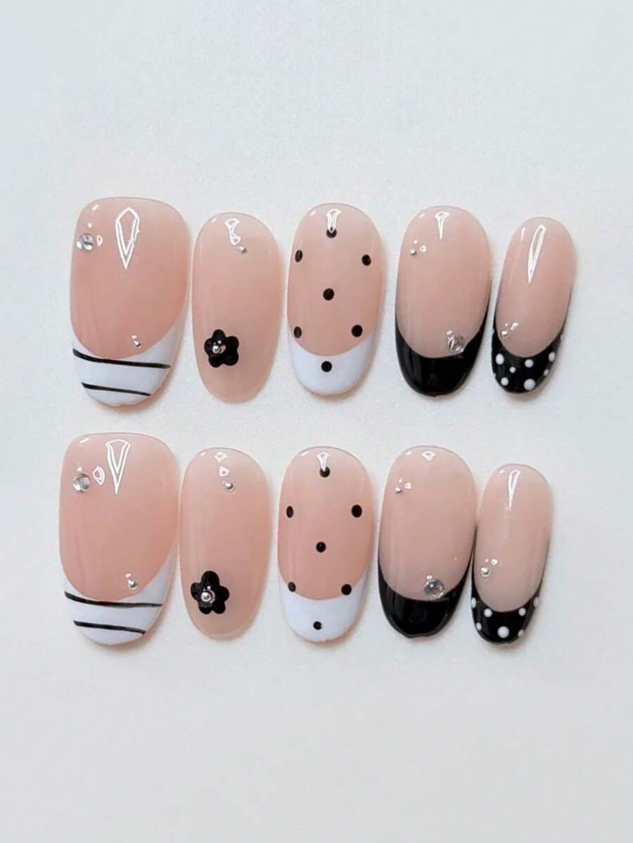 10 piezas de uñas postizas ovaladas medianas hechas a mano, estilo francés elegante en blanco y negro, base rosa nude, diseños de lunares y pequeñas flores negras con strass para mujeres y niñas, uso en primavera, verano, otoño, invierno, festivales, fiestas y vida diaria - Blanco y Negro - Ver 1