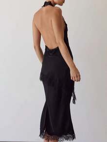 2 Piece Outfit Satin Halter Midi Slip Dress Matching Shrug Eyelash Lace Trim Open Back Cowl Neck Party Evening Set - Black - View 6