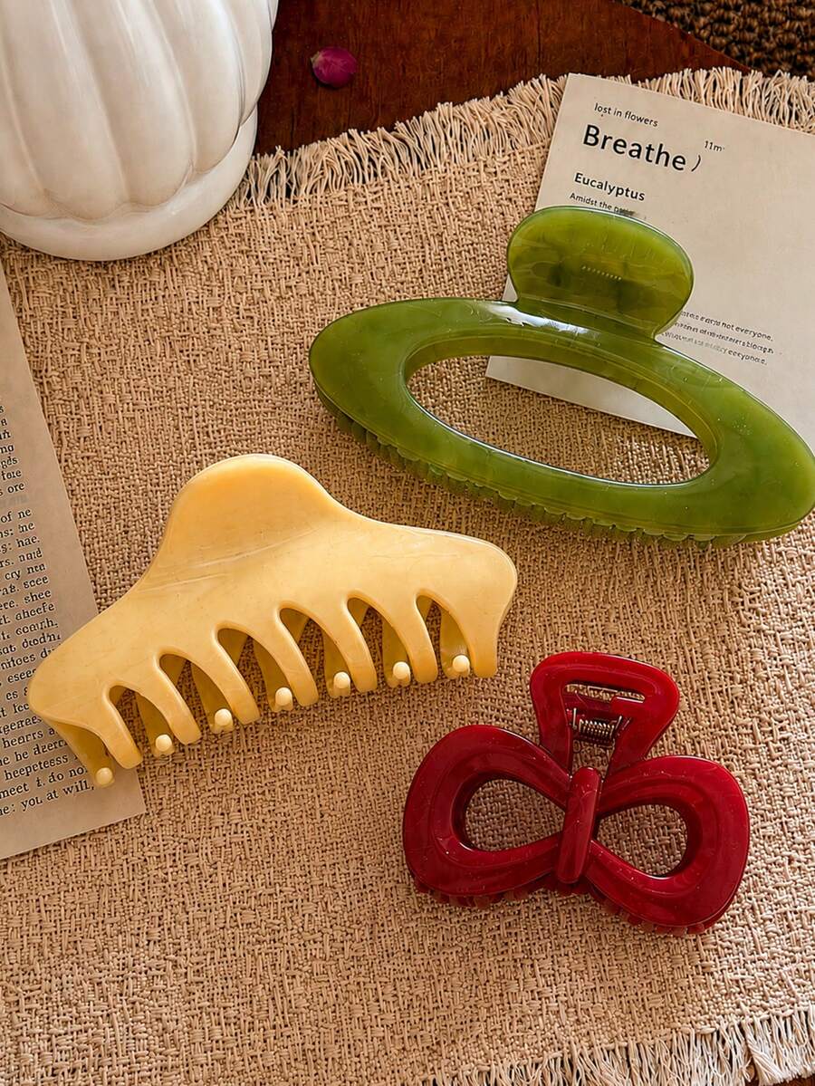 3pcs/1pc Women's Green Oval, Red Bow And Yellow Square Hair Claw Combination Hair Claw Fashion Back Of Head Hair Claw Hair Clip Hair Accessory, Fashionable Versatile, Elegant Minimalist, Suitable For Daily, Casual, Party, Beach, Vacation, Hairstyle Design, Face Washing/Hair Washing, Makeup, Clothing Accessory, Spring Hair Claw, Summer Hair Claw, Autumn Hair Claw, Winter Hair Claw - Multicolor - View 1
