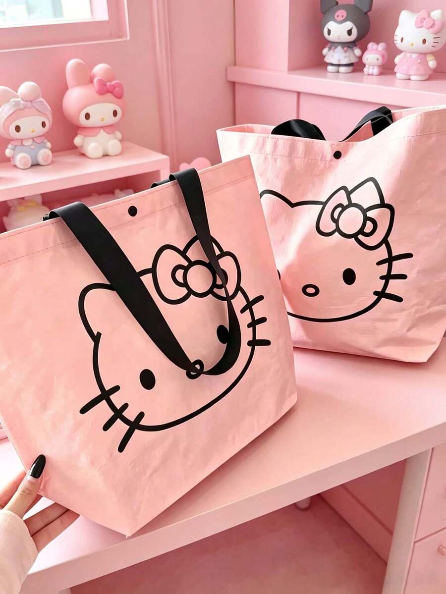 SANRIO Hello Kitty 可折疊購物托特包，可重複使用大容量購物袋，便攜收納袋，適合露營、戶外活動與日常使用，2色可選（粉色附扣/銀色無扣） - 彩色 - 查看 1