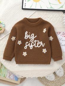 女童針織毛衣，精緻「Big Sister」英文刺繡搭配白色花卉圖案，柔軟可愛 - 咖啡棕 - 查看 2