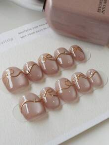 10 Peças/Conjunto Adesivos de Unhas Feitos à Mão com Cobertura Total em Formato Oval Degradê Champagne Olho de Gato, Decoração com Laço Dourado, Reutilizáveis, 4 Tamanhos Disponíveis, Adequados para Meninas/Mulheres, Atores, Apresentações em Palco, Festivais, Festas, Casamentos e Uso Diário, Unhas Postiças Feitas à Mão - Rosa Bebê - Visão 1