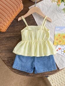 2pcs/Set Young Girl' Cute Minimalist 3D Flower & Bee Decor Camisole And Denim Shorts Set, Summer - Yellow - View 3