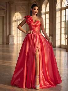 Sleeveless Women's Formal Evening Gown With Asymmetric Neckline, Ruched Bodice And Flared Skirt, Bold Thigh-High Slit, Red Wedding Party - Hot Pink - View 7