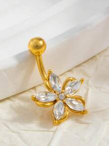 1 pieza Elegante anillo de ombligo con diseño floral, joyería corporal para mujer, accesorio de perforación de ombligo elegante - Multicolor - Ver 2