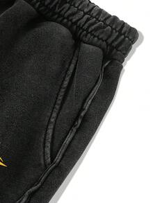 Men's Washed Black Snow-Wash Fabric Drawstring Waist Fashion Casual Shorts, Minimalist Print, Suitable For Daily Wear - Black - View 6