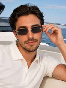 Men's Rimless Rectangular Sunglasses, Gold & Gray Color, Metal Bridge Nose Pad Design, Dark Lenses, Yacht Beach Vacation Travel Street Style Accessory - Multicolor - View 3