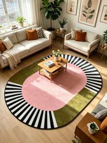 1pc Pink & Green Striped Oval Area Rug, Living Room Carpet, Washable Rug, Home Decor - Multicolor E - View 2