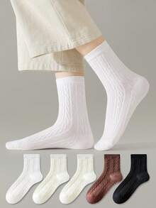 ZUJO 4 Pairs Solid Color Versatile Cable Knit Mid-Calf Socks For Women, Soft, Breathable And Warm, Suitable For Autumn And Winter - Multicolor - View 2