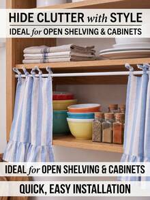 1/2pcs Rod Pocket Decorative Cabinet Curtain, Brown Striped Ruffled Short Curtain For Bathroom, Kitchen Sink, Home, Classroom, Farmhouse, Country Style, Under Table Privacy Curtain, Laundry Room - Blue - View 3