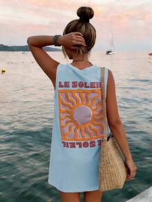 Vestido casual de moda Y2K bohemio para mujer con cuello redondo, estampado de letras en inglés y sol, elegante para la vuelta al colegio y brunch de primavera/verano - Azul - Ver 3