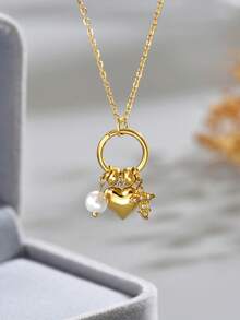 LIEBEIRIS 1 pieza Collar de acero inoxidable con corazón, cruz y perla chapado en oro de 18K para mujer, adecuado para uso diario y como regalo - Amarillo Oro - Ver 2