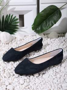 Suede Pointed Toe Low Vamp Flat Shoes Korean Style Minimalist Commuter Soft Sole Comfortable Anti-Slip Daily Casual Versatile Office Elegant Lady Style Boat Shoes Driving Loafers - Navy Blue - View 6