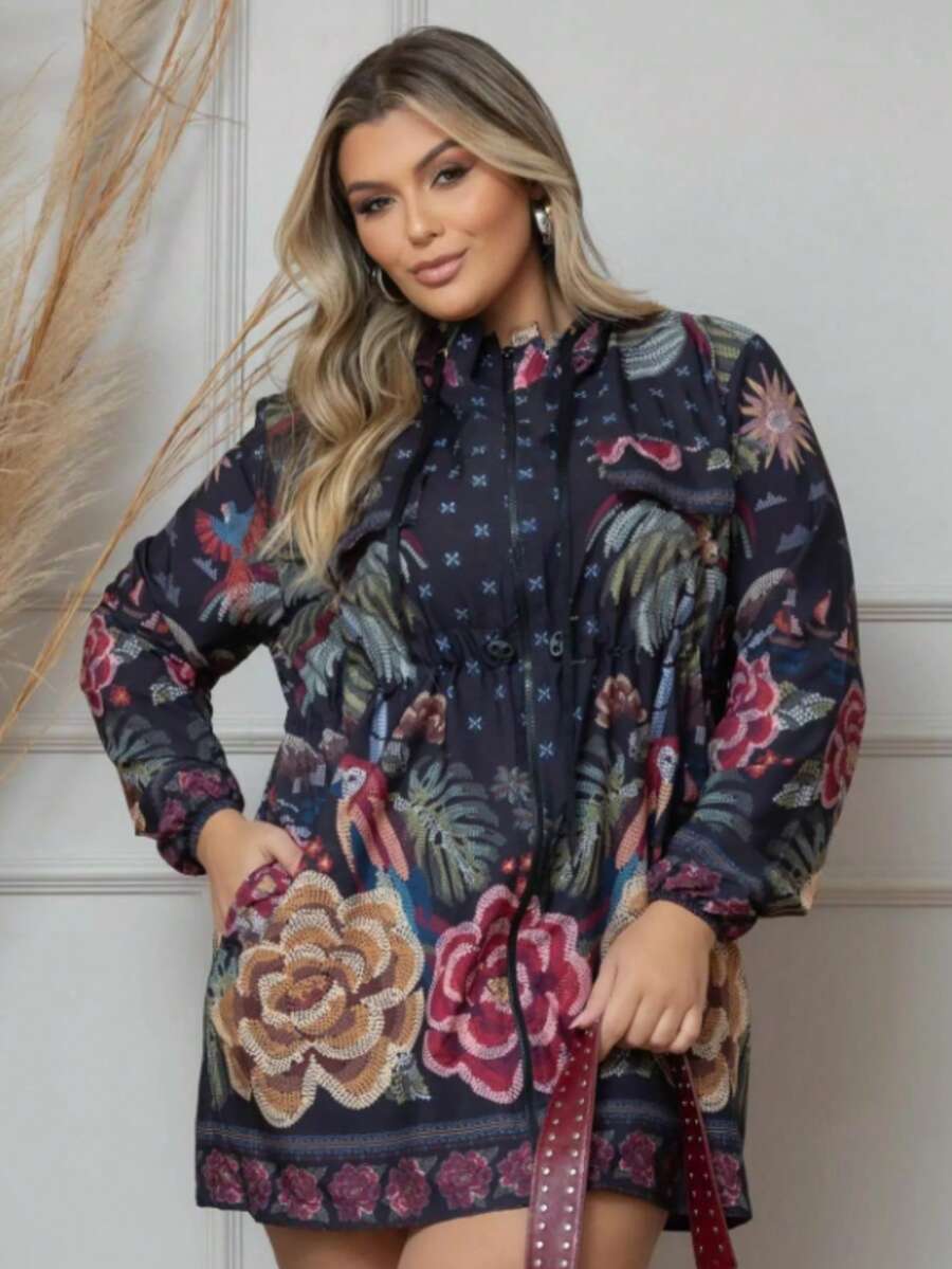 Plus Size Printed Windbreaker Jacket, Plus Size Parka, Nylon Blouse - 20 - View 1