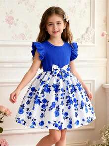 Girls' Summer Ruffled Sleeve Bow-Tie Rose Print Sweet Casual Vacation Dress - Blue - View 2