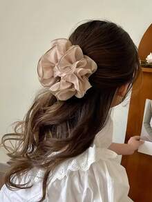 1pc Solid Color Ruffle Organza Large Hair Clip, Semi-Transparent Mesh Flower Design Hair Claw, Elegant Women's Updo Hair Accessory - Multicolor - View 2