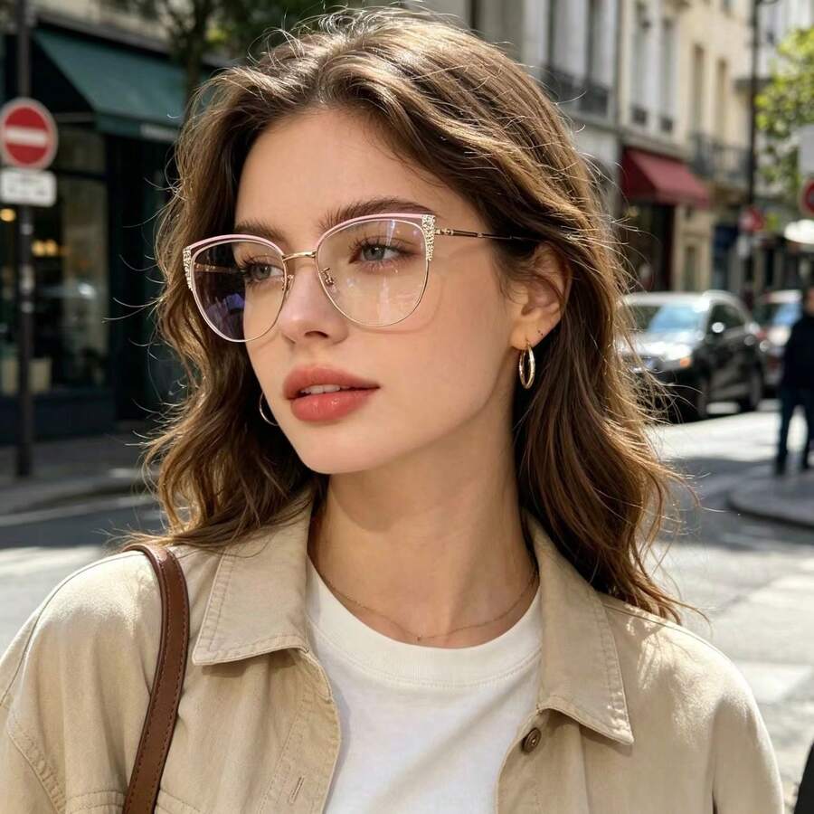 1 Pair Women's New Cat Eye Fashion Glasses, Full Frame Solid Color Transparent Lenses, Rhinestone Decor, Metal Temple Design, Decorative Glasses, Elegant Style Women's Fashion Accessory