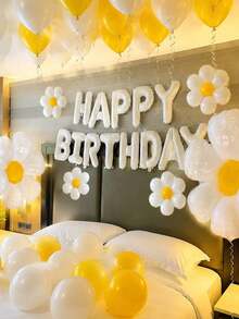 44pcs 16 Inch White HAPPY BIRTHDAY Letter Balloons Set, Daisy Foil Balloons, White & Yellow Latex Balloons, Suitable For Birthday Party, Baby Shower Decoration - Multicolor - View 4