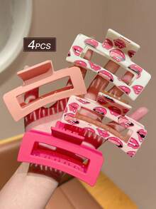 4Pcs Sexy Red Lip Print + Pure Pink Claw Clips, Large Size Claw Clips, Elegant Glossy Non-Slip Hair Clips, Strong Hold Suitable For Thick Hair, Perfect For Girls Daily / Commute / Party / Casual Updo Hairstyles, Beach Accessories, Beach Hair Accessories, Girls Hair Clips, Women Hair Accessories, Gift Recommendation - Multicolor - View 3