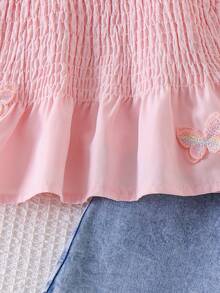 2pcs/Set Young Girl' Sweet Cute 3D Butterfly Suspender Top And Denim Skirt Outfit, Summer - Pink - View 5