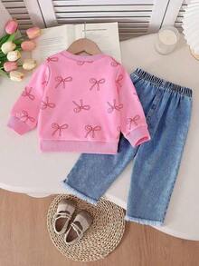 Baby Girl Bow Pattern Print Crew Neck Long Sleeve Sweatshirt And Denim Pants - Pink - View 2